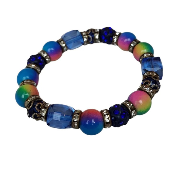Rainbow PETAL BEAD Clear Crystal Blue Crystal Stretch Bracelet - Picture 1 of 2